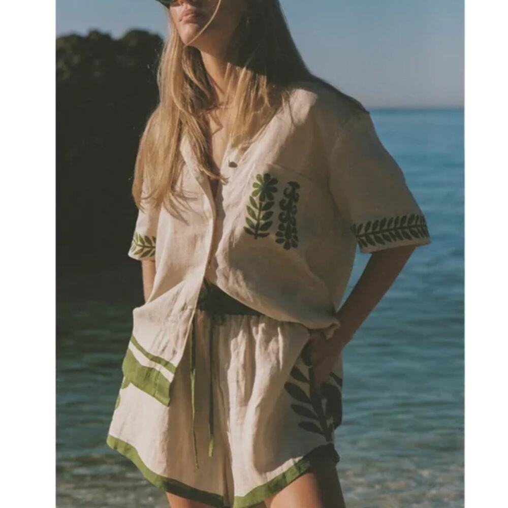 NWT SOLEIL SOLEIL‎ Linen Short Abbey Vestige Sz L cream green